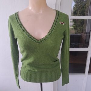 Hollister Womens Lime Green Deep VNeck Cotton Knit Sweater Small Y2K Logo Preppy